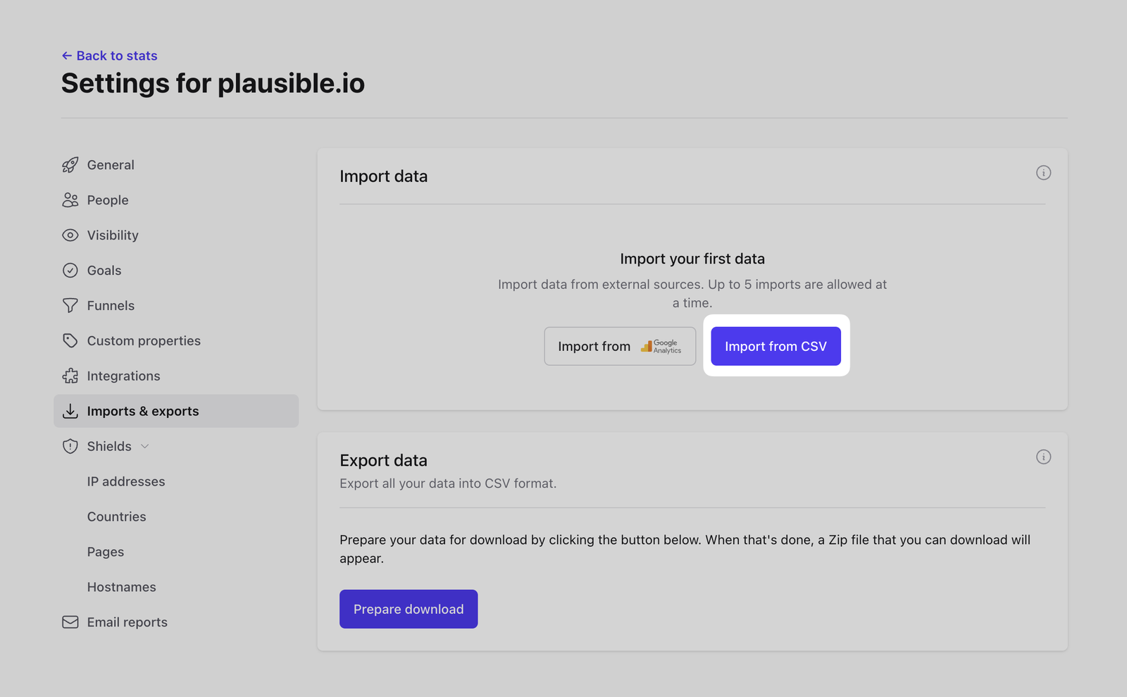 Import from CSV button in the Import data panel under Plausible site settings, Imports & Exports
