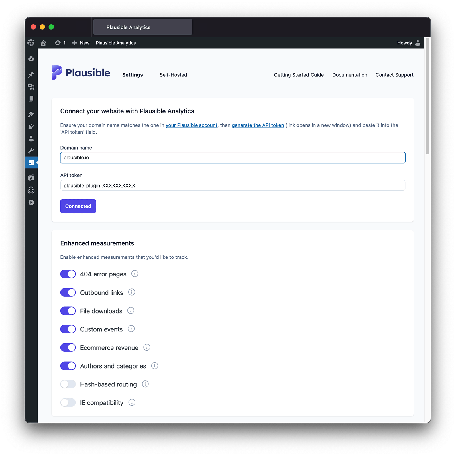 Plausible Analytics WordPress plugin settings