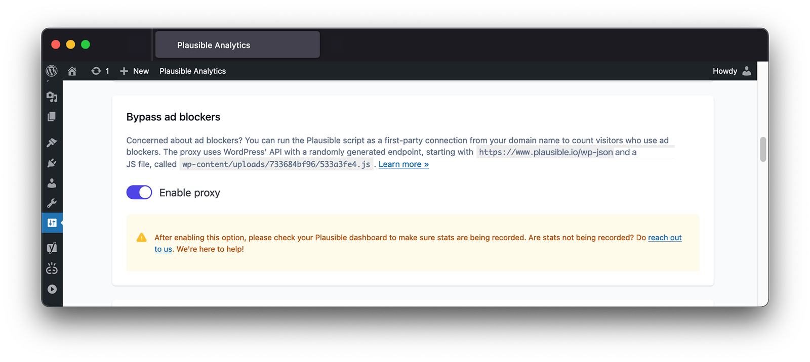 Enable the proxy in the Plausible WordPress plugin