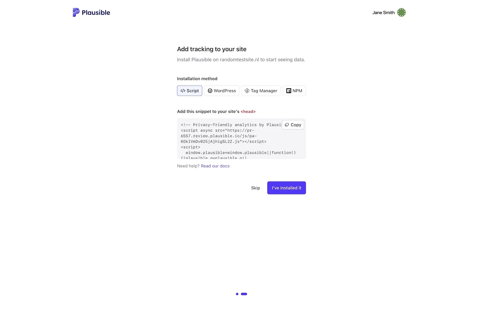 Review your Plausible installation and copy the tracking snippet