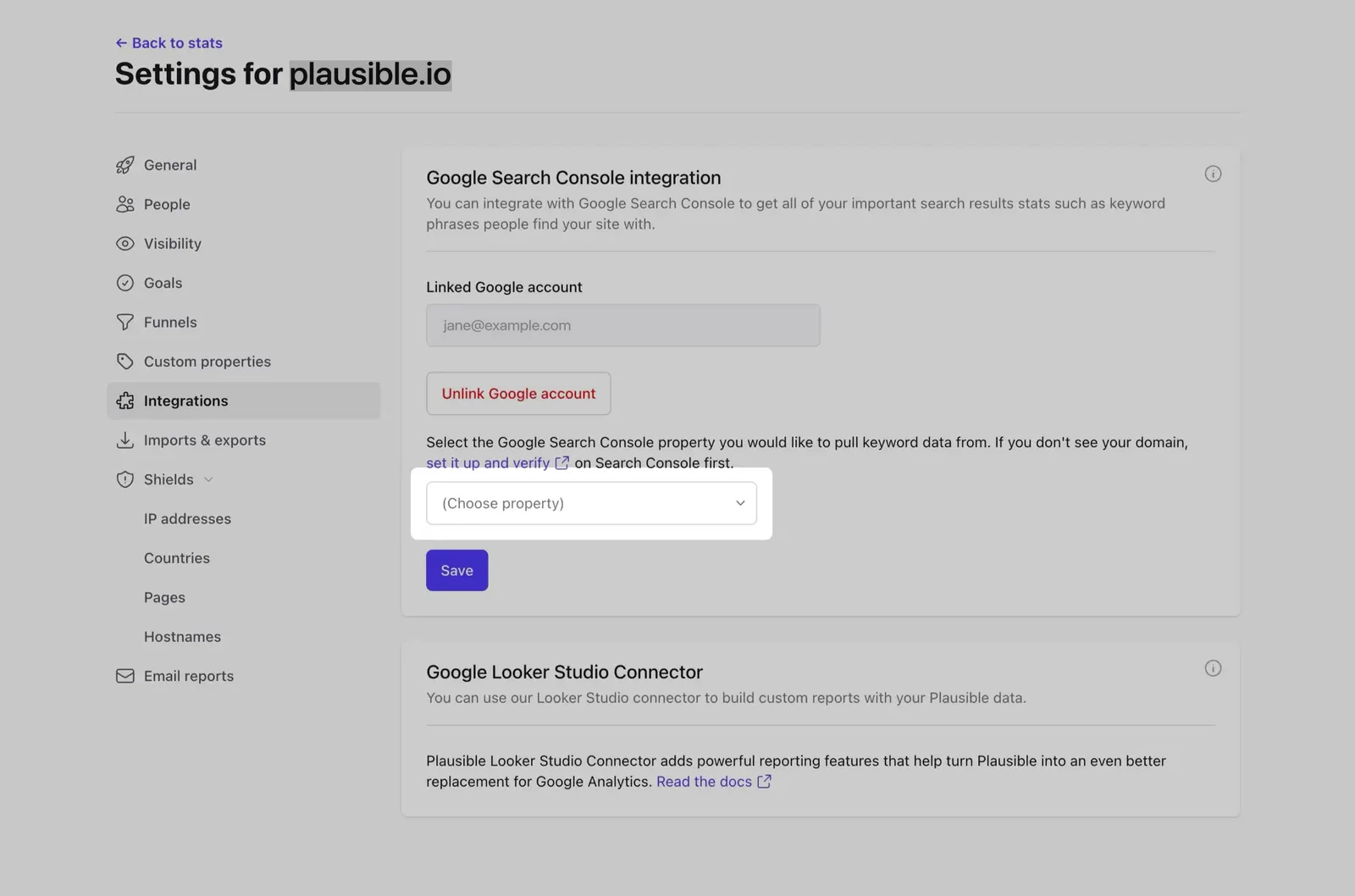 Choose which property from Google Search Console to integrate with