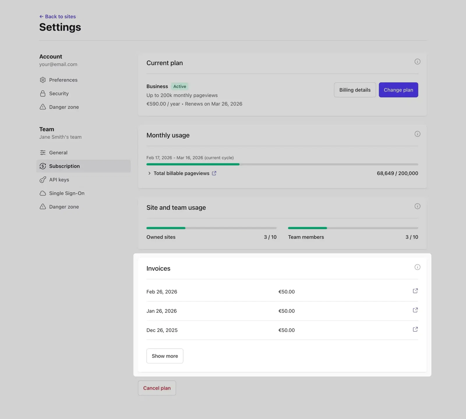 Invoice list in Plausible settings