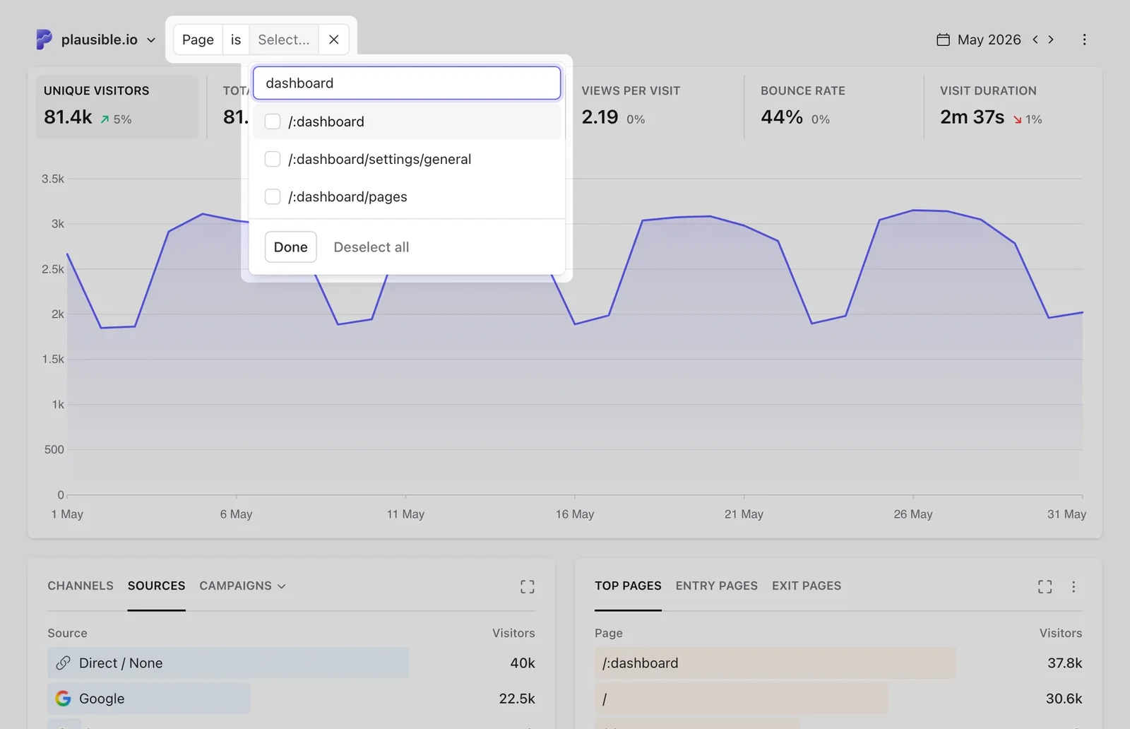 Page filter search for dashboard, with matching page paths and checkboxes for selecting multiple pages